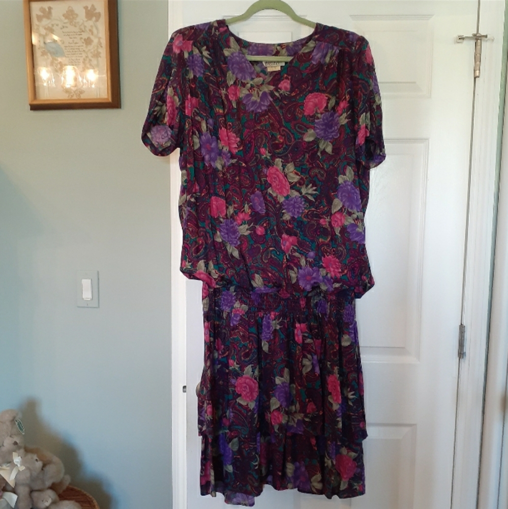 Sharon Anthony Vintage Georgette  Style Drop Waist Dark Floral Ruffled Dress 16